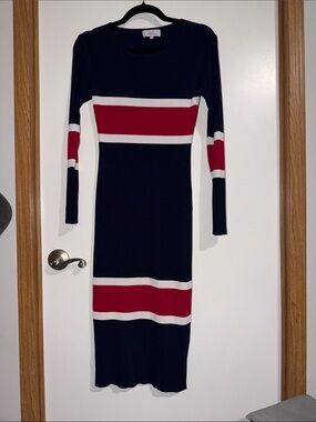 Navy Long-Sleeve Midi Dress with Red & White Stripes